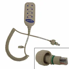 This plastic pendant is a replacement hand control for Invacare CS7/CS9 healthcare beds. It allows patients or caregivers to adjust bed positions such as head, foot, and height. The green pendant connects to the bed's control system for safe, convenient operation.