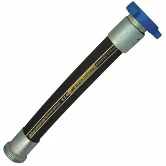 This hose assembly is constructed with a nitrile blend tube and Bruiser cover for resistance to abrasion and weathering. It is rated for 400 psi working pressure and operates in temperatures from -40° to 200°F. Typical applications include transfer of hydrocarbon fluids in oil and gas exploration and fracturing operations.