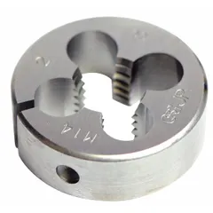 Solid round threading die for cutting external #4-40 UNC threads. Made from high-speed steel with a 5/8 inch outer diameter. Suitable for manual or machine threading applications in precision machining and general manufacturing.