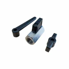 Brass straight ball valve with 3/8 in FNPT x FNPT connections and full port ball port. Includes a handle set (lever/tee/wedge) for manual operation. Used to start, stop, or redirect flow in plumbing and industrial piping systems.