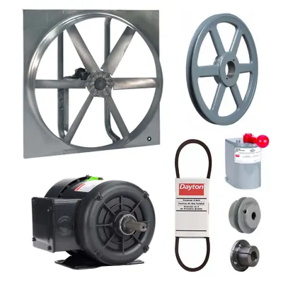 Dayton Exhaust/Supply Fan: Belt Drive, 36 in Blade, 1/2 hp, Totally Enclosed, 208-230/460V AC - Belt-Drive Reversible Panel Fans with Drive Package
