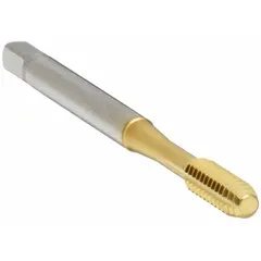 Thread-forming tap for creating internal threads in ductile materials such as aluminum, brass, and low-carbon steel. H7 tolerance, modified bottoming chamfer suitable for through-hole or blind-hole applications. TiN coated cobalt construction reduces friction and extends tool life. Suitable for materials up to 850 MPa tensile strength.