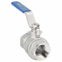 This 1-inch, 316 stainless steel ball valve features a straight, two-piece valve body and a lever handle for manual on/off flow control. Suitable for use in industrial piping systems handling water, oil, gas, and chemical lines.