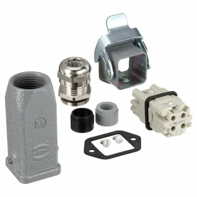HARTING Modular Rectangular Connector Kit: Signal, Han 3AGM, Han(R) 3 A, Contacts: 3+PE - 10 Amp Han Series Rectangular Connector Assemblies