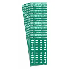 These adhesive pipe markers feature a green background with white legend text reading 'Domestic Cold Water Return' and include directional arrows. Designed for pipes with an outside diameter of 3/4 inch and smaller, each pack contains 5 markers. Suitable for identifying domestic cold water return piping in commercial or industrial facilities.