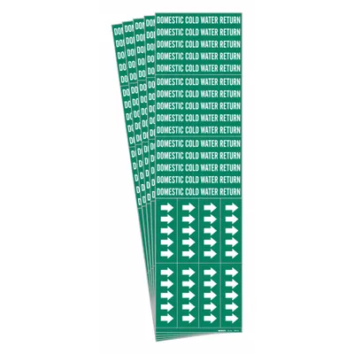 BRADY Pipe Marker: Domestic Cold Water Return, Green, White, Fits 3/4 in and Smaller Pipe O.D. - Domestic Cold Water Return Adhesive Pipe Markers