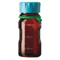 This 125 mL amber glass media bottle features a wide mouth and a GL45 screw-on closure. The amber body protects light-sensitive contents. Suitable for storing, mixing, and dispensing laboratory media, buffers, and reagents