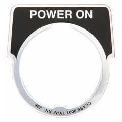 Half-round legend plate for 30 mm panel-mounting push-button stations. Constructed of silver metallic aluminum with a black background and English 'Power On' legend. Overall height 1 3/4 in, overall width 1 5/8 in. Used to label operator controls in industrial control panels and automation systems.