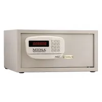 Steel safe with 1.2 cu ft capacity, digital combination lock, and tamper-resistant construction. Powered by AA alkaline batteries. Not fire rated. Suitable for securing valuables in hotel guest rooms or residential settings