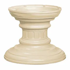 This beige powder-coated aluminum pedestal is designed for bolt-mounted installation with a Cluster Box Unit. It measures 13 3/4 in H x 17 3/4 in W x 17 3/4 in D and includes mounting hardware. Suitable for supporting centralized mail delivery in multi-tenant settings.