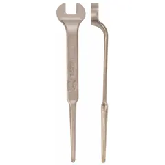 This nonsparking open end spud wrench is designed for use in hazardous environments where sparks could ignite flammable gases or dust. It features a 33 mm head size, 1 1/8 in offset, and 11/16 in head thickness. The natural finish aluminum bronze construction provides corrosion resistance and nonsparking properties. Typical applications include tightening or loosening nuts and bolts in oil refineries, chemical plants, and gas facilities.