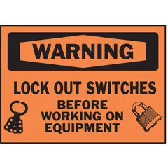 Polyester adhesive sign measuring 3 1/2 in x 5 in, 0.01 in thick. Not retroreflective and does not glow in the dark. Supplied in a 5-pack. Used to alert personnel to lock out switches before working on equipment, supporting lockout/tagout procedures in industrial environments.