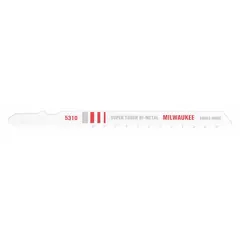 Bi-metal jigsaw blade with T-shank, 4-inch length, for cutting metal, plastic, and wood. Sold in a 5-pack. Suitable for fabrication, maintenance, and demolition tasks.