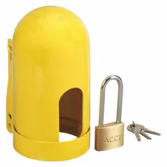 This lockout device is designed for low-pressure gas cylinders with a 3 7/8 in neck ring diameter and coarse threads. It secures the cylinder valve during transport or storage to prevent accidental opening. Suitable for use in industrial environments where cylinder safety is required.
