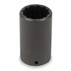 This PROTO impact socket features a 1/2" drive, deep length, and 12-point SAE configuration for use with impact tools. The black oxide finish provides corrosion resistance. Socket size is 1-1/2 in. Suitable for heavy-duty fastening and loosening of hex fasteners in industrial maintenance and automotive repair.