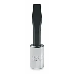 This slotted bit socket features a 3/8 in drive and a 1/4 in slotted tip for driving slotted screws. With a fixed insert design and overall length of 1 13/16 in, it is suited for industrial assembly, maintenance, and repair tasks involving machinery and equipment.