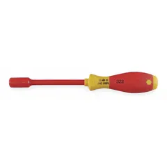 Metric insulated nut driver with 8 mm tip size and round shank. Non-magnetized tip for standard fastening applications. Suitable for tightening or loosening hex nuts and bolts in electrical and mechanical assemblies.