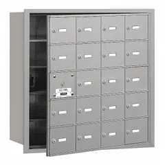 Horizontal multi-unit mailbox with 20 lockable front-access doors. Recessed mounting design for flush installation in walls. Suitable for centralized mail distribution in multi-tenant residential or commercial buildings.