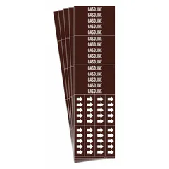 Brown pipe marker with white 'Gasoline' legend and flow-direction arrows. Adhesive-backed for application on pipes with outer diameter of 3/4 inch or smaller. Pack contains 5 markers (3 per pack). Used to identify pipes carrying gasoline in industrial piping systems.