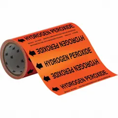Orange adhesive pipe markers with black legend reading 'Hydrogen Peroxide' and directional arrows. Each roll contains 30 markers for pipes with outer diameter of 2 inches and smaller. Used in industrial piping systems to identify pipe contents and flow direction.