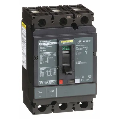 SQUARE D Molded Case Circuit Breaker: 70 A Amps, 25kA at 240V AC, Fixed, Line/Load Lug - H-Frame Square D Molded Case Circuit Breakers