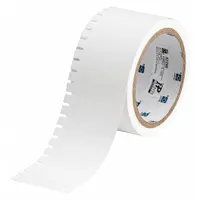 White polypropylene tag roll with matte finish, measuring 3/8 in x 1 15/16 in. Designed for wire gauges 6 AWG to 0 AWG. Outdoor rated and compatible with THT printer series. Used for cable marking, panel labeling, and asset tagging