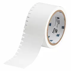 White polypropylene tag roll with matte finish, measuring 3/8 in x 1 15/16 in. Designed for wire gauges 6 AWG to 0 AWG. Outdoor rated and compatible with THT printer series. Used for cable marking, panel labeling, and asset tagging.