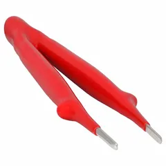 Carbon steel insulated tweezers with round, straight tips and serrated gripping surface. Designed for precision handling of small components in electrical and industrial applications where protection against accidental contact with live circuits is required.