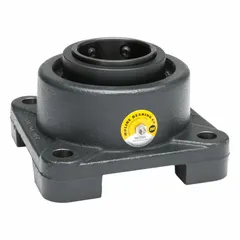 Flange-mount spherical roller bearing with 2 1/4 in cylindrical bore, cast iron square housing (not split), and set screw shaft locking. Lubricated with LC-2 Lithium Complex Grease; mounting bolt size 5/8 in. Supports heavy radial and moderate axial loads in industrial machinery such as conveyors and material handling equipment.