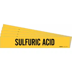Yellow adhesive pipe marker with black legend reading 'Sulfuric Acid' for identifying piping systems. Fits pipe outer diameters from 2-1/2 to 7-7/8 inches. Pack of 5 markers without directional arrows. Used in industrial facilities to label pipes carrying sulfuric acid.