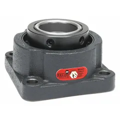 This flange-mount spherical roller bearing features a 1 7/16 in cylindrical bore, cast iron housing, and set screw locking. It is lubricated with lithium complex grease and mounts with a 1/2 in bolt. The bearing supports heavy radial and moderate axial loads in industrial machinery such as conveyors, fans, and pumps.