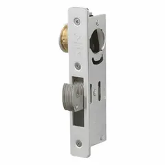 Galvanized steel hinged door lock with gray finish. Bolt-on design for use with wire partition systems. Provides secure locking for industrial enclosures and safety barriers.