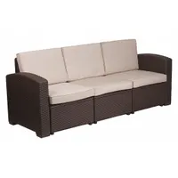 This patio sofa features a beige fabric seat and a brown resin frame. Seat dimensions: width 68 1/2 in, depth 22 1/2 in, height 16 1/2 in. Suitable for outdoor seating areas such as patios, decks, and poolside