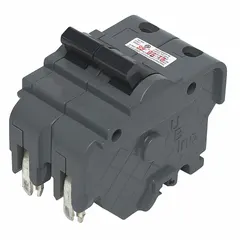 2-pole miniature circuit breaker rated 15 A at 120/240V AC with a 10kA interrupting capacity. Designed for overcurrent protection in electrical distribution panels. Width: 2 inches.