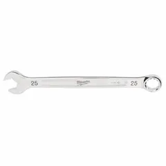 This MILWAUKEE combination wrench is made of steel with a chrome finish. It features a 25 mm 12-point head and a 13 3/8 in overall length. Suitable for tightening and loosening fasteners in general maintenance and repair tasks.