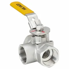 This three-way ball valve features a CF8M stainless steel body and a two-piece design with an L flow pattern. It is equipped with a locking lever handle for secure position control. Typical applications include flow diversion or mixing in industrial piping systems.