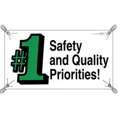 This vinyl banner is designed for indoor or outdoor use to communicate safety and quality priorities in industrial facilities. It measures 36 inches by 60 inches and is printed on one side. Suitable for mounting on walls, fences, or other structures to convey key messages.