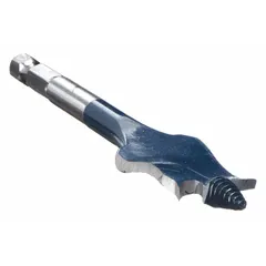 This BOSCH spade drill bit features a 7/8 in cutting diameter and a 4 in overall length. The 1/4 in hex shank is designed for quick-change chucks in power drills. The painted finish provides basic corrosion resistance. Suitable for fast, rough drilling in wood, plastic, and drywall.