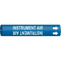 Snap-on pipe marker for identifying Instrument Air lines. Blue background with white legend and directional arrows. Fits pipe outer diameters from 1-1/2 to 2-3/8 inches. Supplied as a single marker.