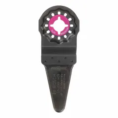 Pointed scraper blade with bi-metal construction for Starlock connection systems. Designed for removing adhesives, paint, caulk, and floor coverings. The pointed tip accesses tight corners and edges. Single piece.