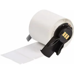 Vinyl wraparound label, black on white, measuring 1/2 in x 1/2 in. Designed for permanent identification of wires and cables with 22 AWG to 16 AWG gauge. Compatible with BMP61 printer series and requires M7-R6200 ribbon. Used in industrial panel building, electrical maintenance, and control cabinet wiring.