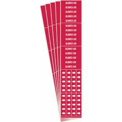 Red adhesive pipe marker with white legend text reading 'Blower Air'. Designed for pipes with outside diameter of 3/4 in and smaller. Includes directional arrows. Each pack contains 5 markers (3 pipe markers per pack). Used to identify blower air lines in piping systems.