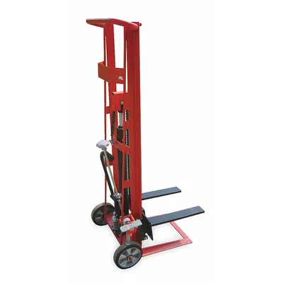 Dayton Stacker: 750 lb, 18 in L x 3 in W Fork, 30 in L x 21 7/8 in W x 60 1/2 in H Overall Dim - Fork-Over Stackers