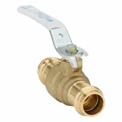 This 1/2-inch brass ball valve features a straight, two-piece body with press x press connections for fast installation without threading or soldering. The locking lever handle provides secure flow control. Suitable for use in plumbing, HVAC, and process piping systems to start, stop, or isolate flow.