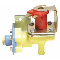 Ice maker water valve that controls water flow into commercial or residential ice machines. Designed as a replacement component for models requiring this specific valve, regulating water supply to the ice mold.