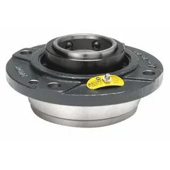 Flange-mount spherical roller bearing with a 3 7/16 in cylindrical bore, cast iron housing, and set-screw locking. Lubricated with lithium complex grease. Mounting bolt size 3/4 in. Overall length 10 1/4 in. Suitable for supporting heavy radial and moderate axial loads in industrial machinery such as conveyors, fans, and pumps.