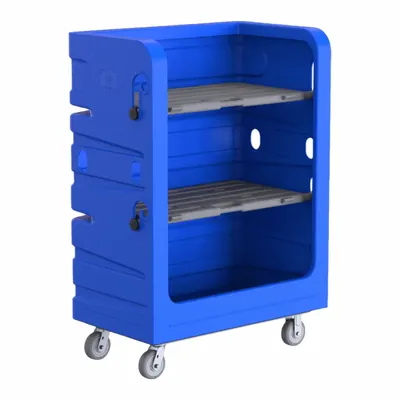 R&B WIRE PRODUCTS INC. Cube Truck: 48 in L x 29 in W x 69 in H, (2) Rigid/(2) Swivel, Blue - Vertical Cube Trucks