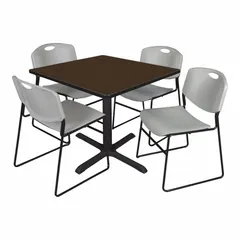 This movable table and chair kit features a square walnut laminate top and a black metal frame with a handle for mobility. Overall width is 36 inches, maximum height is 29 inches. Suitable for break areas, cafeterias, and light commercial spaces.
