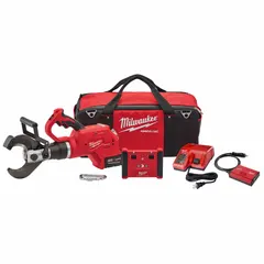 This battery-powered cable cutter is designed for cutting 1500 MCM copper 15kV cable. It features a top handle and C-head configuration, and includes a 5 Ah battery. Suitable for industrial electrical installations requiring clean, fast cuts.