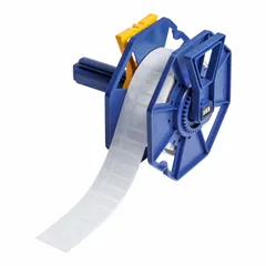 White cryogenic polyester precut label roll with matte finish. Label height 3/8 in, width 1 in, roll length 3/8 in. Compatible with Brady J7300 printer series. Used for durable identification in extreme cold environments such as liquid nitrogen storage and laboratory freezers.